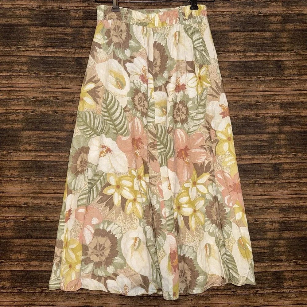 Vintage Leslie Fay Sportswear Women's Yellow Green Floral Midi Skirt Size 10